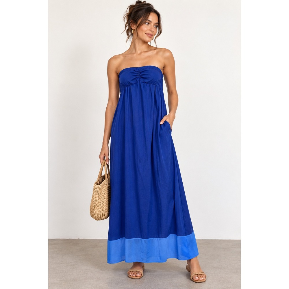 Tommy Bahama Royal Blue Strapless Maxi Dress Smocked Back Pockets TSW11101C M